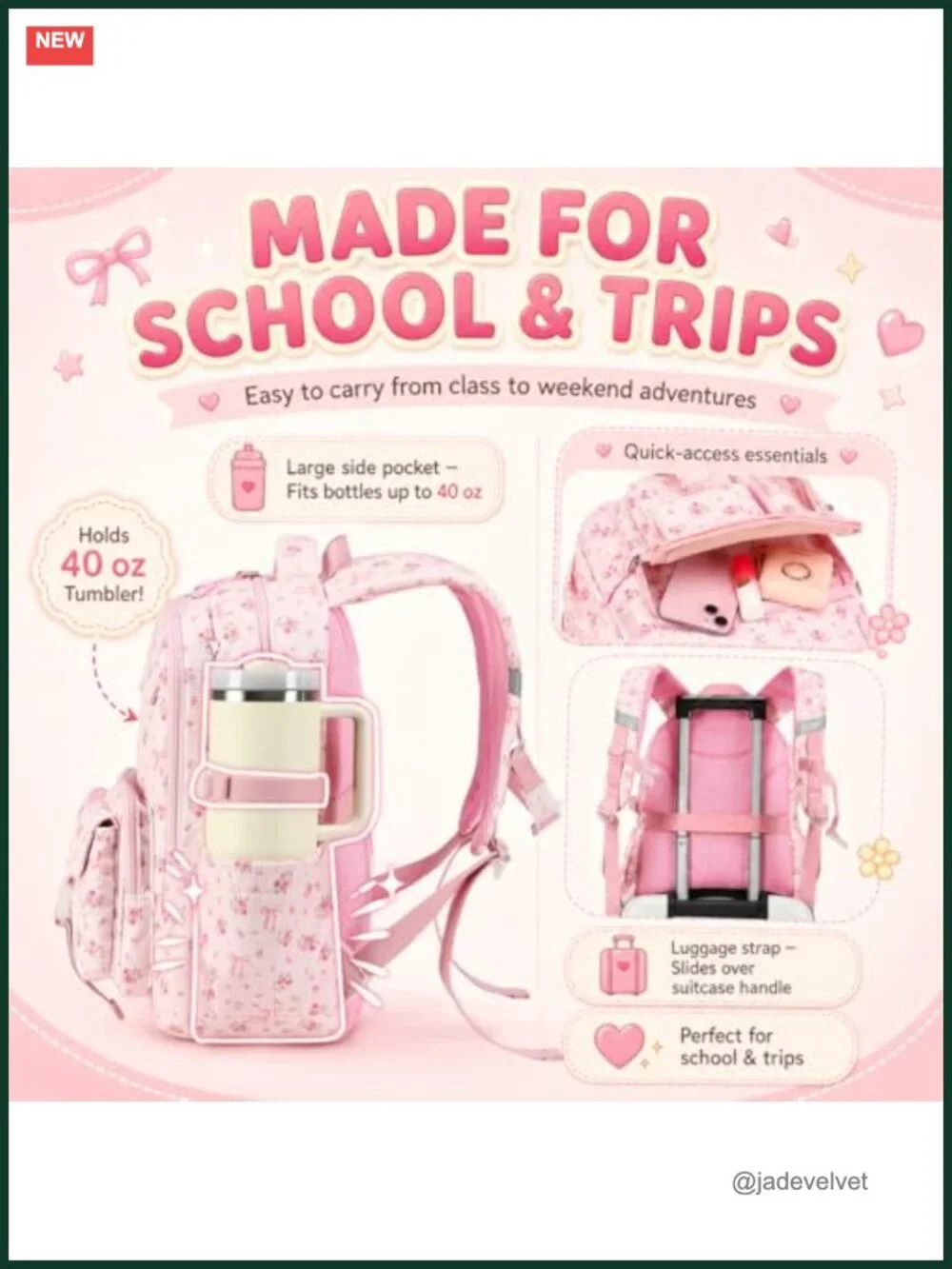 Multi-Compartment Backpack with Chest Strap, Side Pocket Fits 40 oz Tumbler,